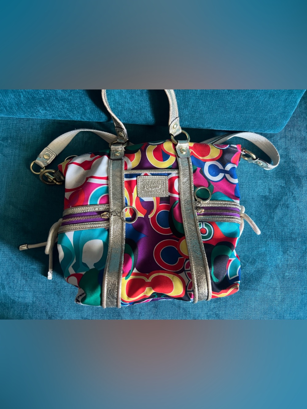 Coach Colorful Circle-Print Nylon Crossbody with Metallic Trim